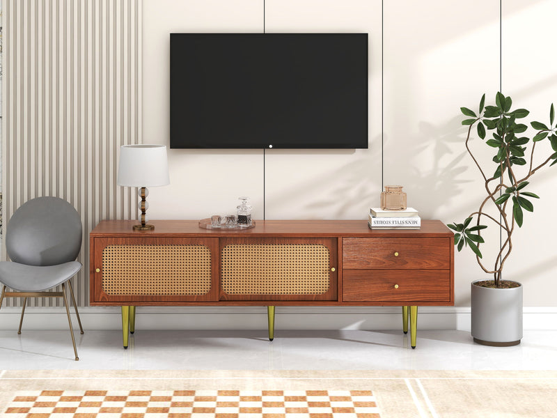 Meuble TV Moderne en Noyer et Rotin Synthétique avec Rangement Ajustable IZEID