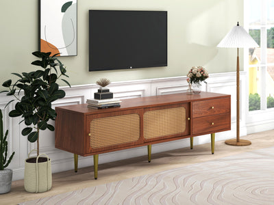 Meuble TV Moderne en Noyer et Rotin Synthétique avec Rangement Ajustable IZEID