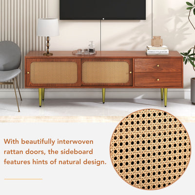 Meuble TV Moderne en Noyer et Rotin Synthétique avec Rangement Ajustable IZEID