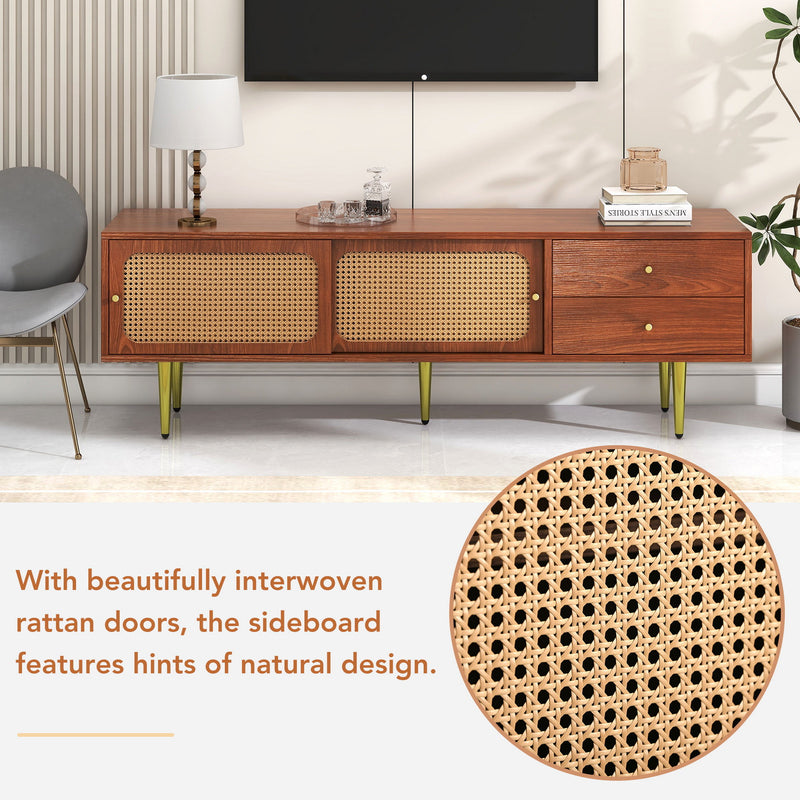 Meuble TV Moderne en Noyer et Rotin Synthétique avec Rangement Ajustable IZEID