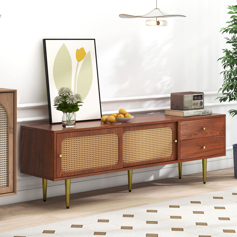 Meuble TV Moderne en Noyer et Rotin Synthétique avec Rangement Ajustable IZEID