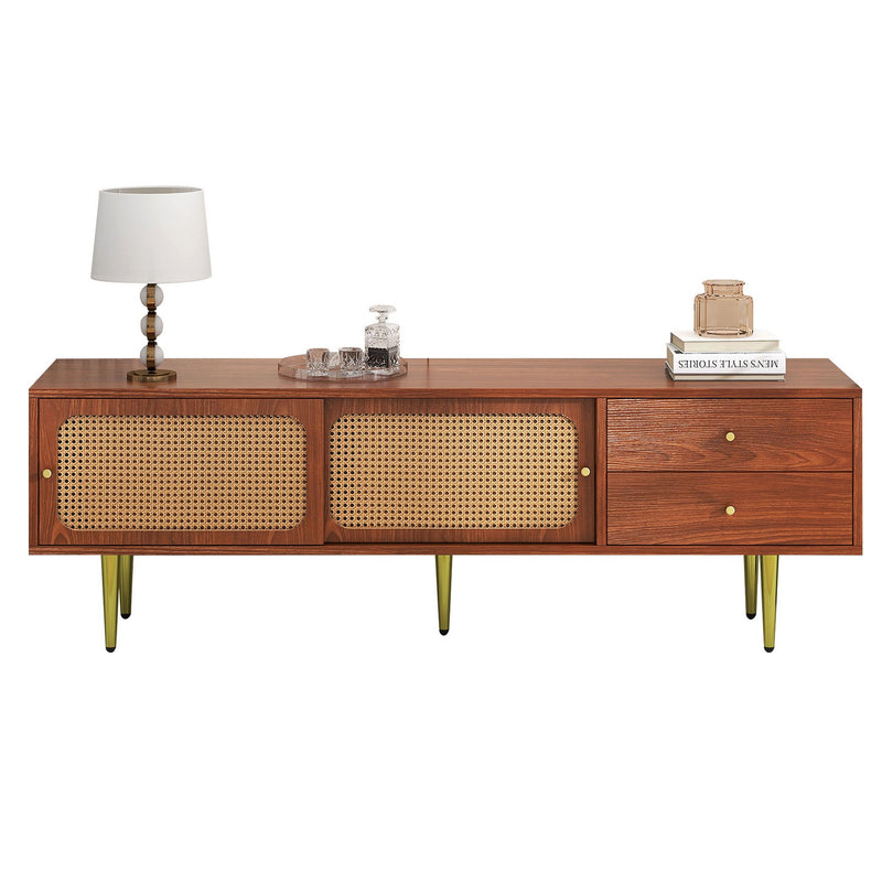 Meuble TV Moderne en Noyer et Rotin Synthétique avec Rangement Ajustable IZEID