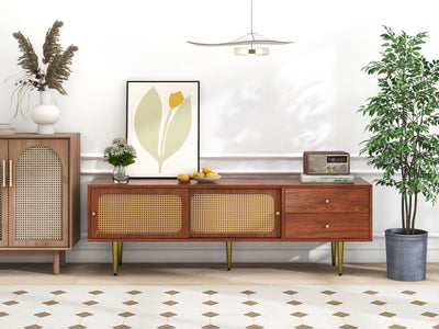 Meuble TV Moderne en Noyer et Rotin Synthétique avec Rangement Ajustable IZEID