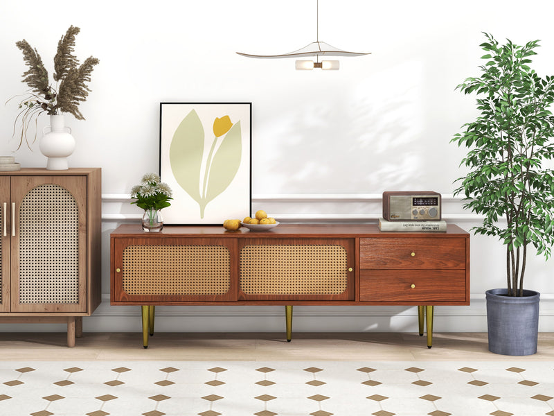 Meuble TV Moderne en Noyer et Rotin Synthétique avec Rangement Ajustable IZEID