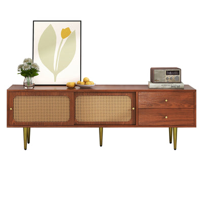 Meuble TV Moderne en Noyer et Rotin Synthétique avec Rangement Ajustable IZEID