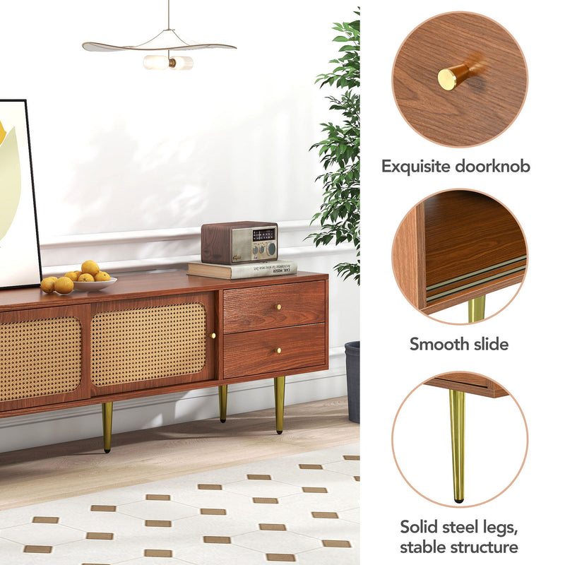 Meuble TV Moderne en Noyer et Rotin Synthétique avec Rangement Ajustable IZEID