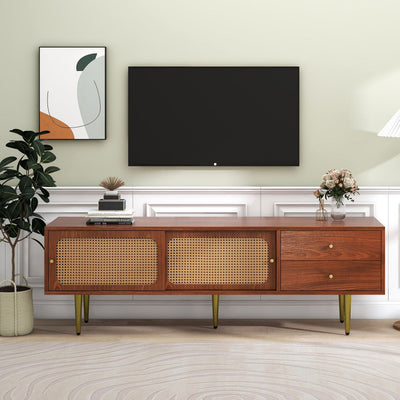 Meuble TV Moderne en Noyer et Rotin Synthétique avec Rangement Ajustable IZEID