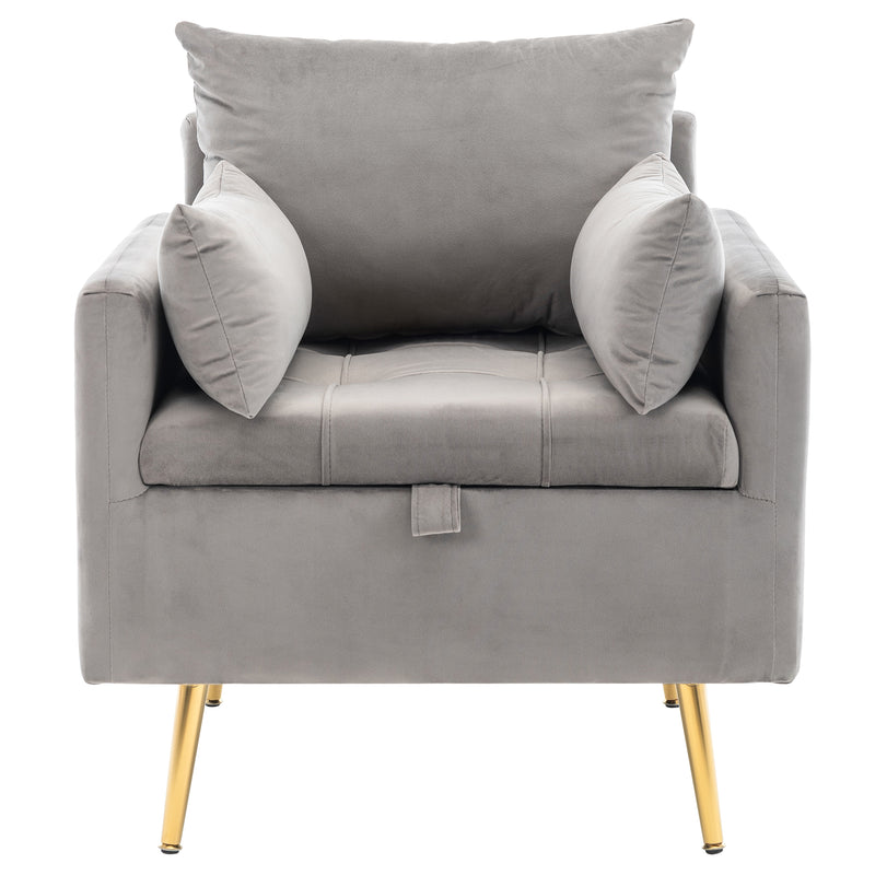 Fauteuil Moderne en Velours Gris avec Rangement Intégré et Pieds Métalliques Dorés (71x71x76cm) NULZU