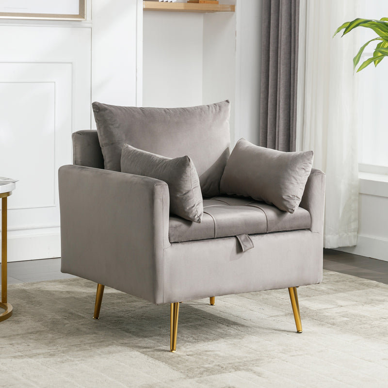 Fauteuil Moderne en Velours Gris avec Rangement Intégré et Pieds Métalliques Dorés (71x71x76cm) NULZU