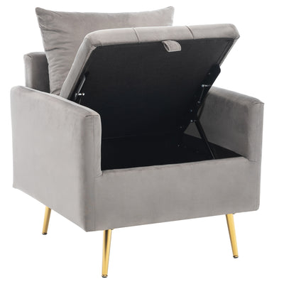 Fauteuil Moderne en Velours Gris avec Rangement Intégré et Pieds Métalliques Dorés (71x71x76cm) NULZU