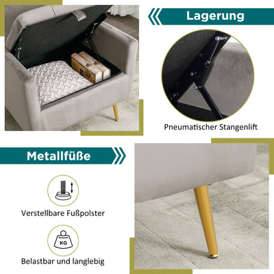 Fauteuil Moderne en Velours Gris avec Rangement Intégré et Pieds Métalliques Dorés (71x71x76cm) NULZU