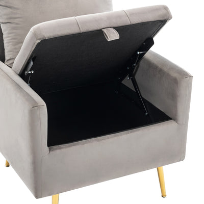 Fauteuil Moderne en Velours Gris avec Rangement Intégré et Pieds Métalliques Dorés (71x71x76cm) NULZU