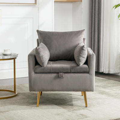 Fauteuil Moderne en Velours Gris avec Rangement Intégré et Pieds Métalliques Dorés (71x71x76cm) NULZU