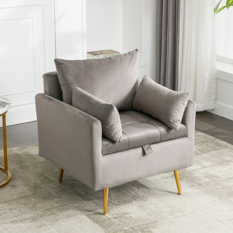 Fauteuil Moderne en Velours Gris avec Rangement Intégré et Pieds Métalliques Dorés (71x71x76cm) NULZU