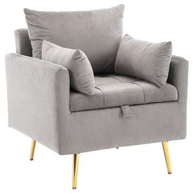 Fauteuil Moderne en Velours Gris avec Rangement Intégré et Pieds Métalliques Dorés (71x71x76cm) NULZU