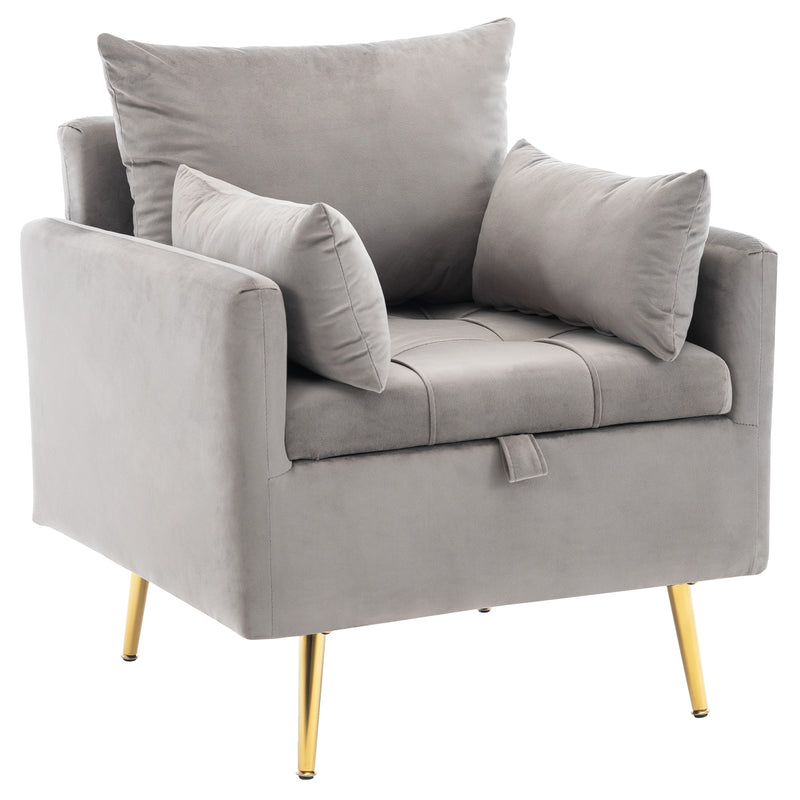 Fauteuil Moderne en Velours Gris avec Rangement Intégré et Pieds Métalliques Dorés (71x71x76cm) NULZU