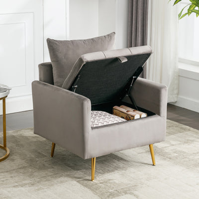 Fauteuil Moderne en Velours Gris avec Rangement Intégré et Pieds Métalliques Dorés (71x71x76cm) NULZU