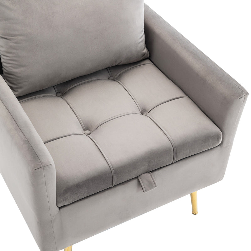 Fauteuil Moderne en Velours Gris avec Rangement Intégré et Pieds Métalliques Dorés (71x71x76cm) NULZU
