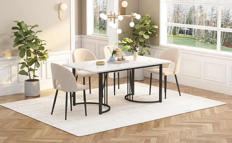 Table à Manger Rectangulaire Blanche avec Plateau Effet Marbre et Piétement Métallique Réglable DRICALS