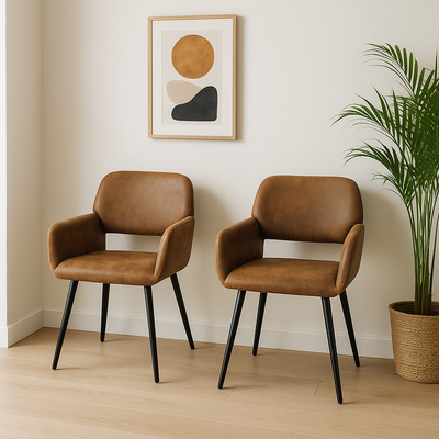 Set of 2 industrial style dining chairs in retro brown fabric with black legs MAYFAIR SUEDE BROWN