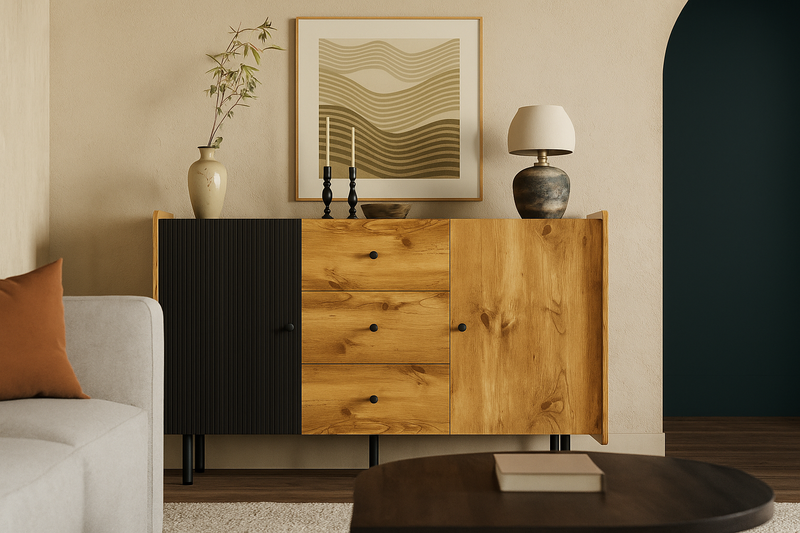 Buffet / Commode Moderne Noir & Bois avec 2 Portes, 3 Tiroirs et Pieds surélevés (120x40x75cm) KUCU