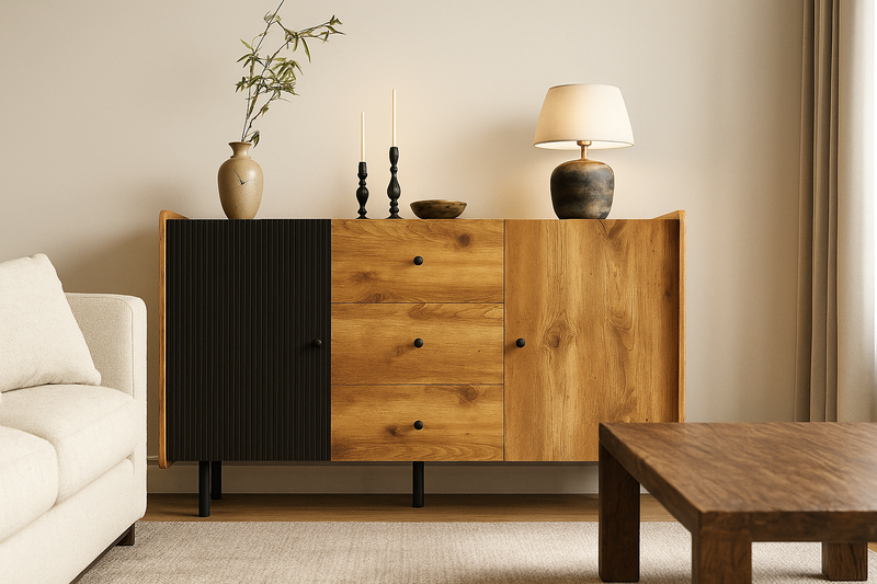 Buffet / Commode Moderne Noir & Bois avec 2 Portes, 3 Tiroirs et Pieds surélevés (120x40x75cm) KUCU