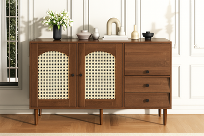 Buffet Style Rustique Naturel avec Portes en Rotin et Rangement Flexible CROLZOI