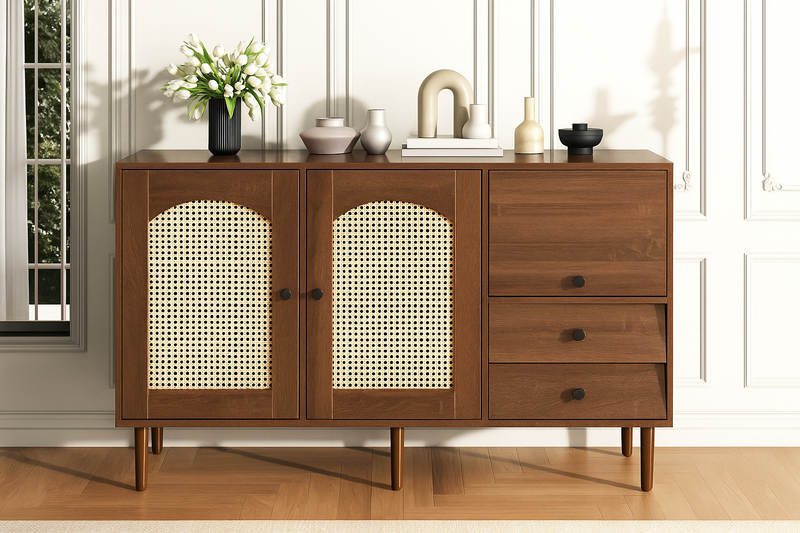 Buffet Style Rustique Naturel avec Portes en Rotin et Rangement Flexible CROLZOI