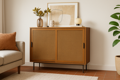 Buffet Contemporain Noyer avec Portes Coulissantes en Rotin et Rangement Polyvalent VISIENS