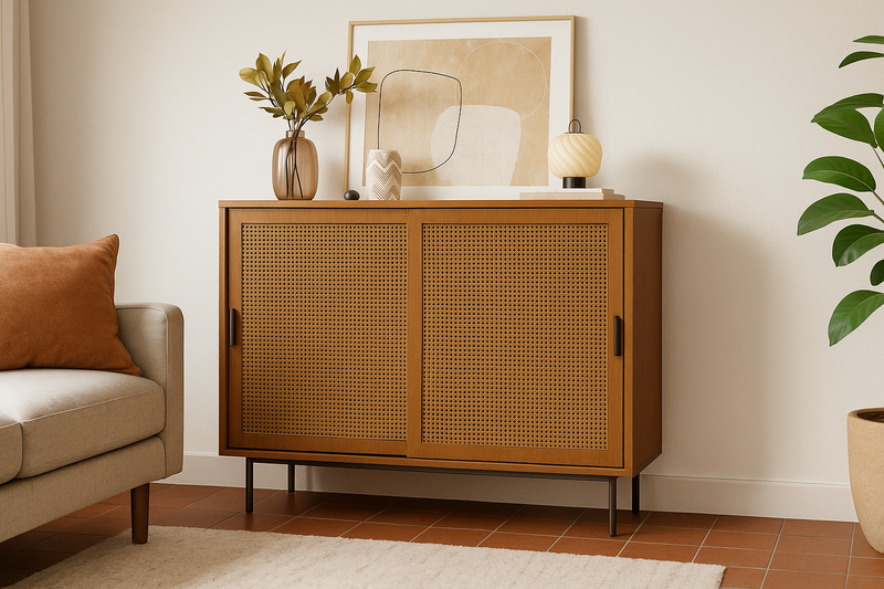 Buffet Contemporain Noyer avec Portes Coulissantes en Rotin et Rangement Polyvalent VISIENS
