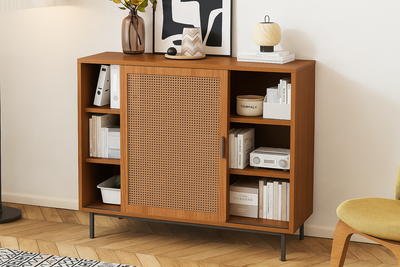 Buffet Contemporain Noyer avec Portes Coulissantes en Rotin et Rangement Polyvalent VISIENS