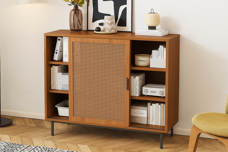 Buffet Contemporain Noyer avec Portes Coulissantes en Rotin et Rangement Polyvalent VISIENS