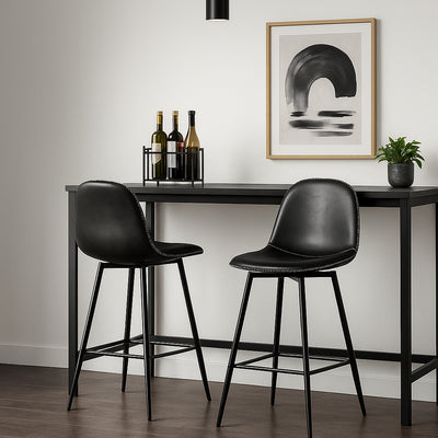 Set of 2 industrial style black PU swivel bar stools with white stitching 67Hcm CHARLTON COUNTER BLACK PU BLACK LEG 2PCS