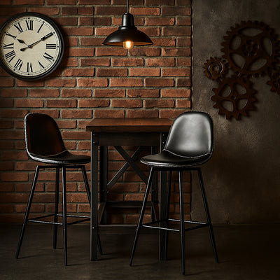 Set of 2 industrial style black PU swivel bar stools with white stitching 67Hcm CHARLTON COUNTER BLACK PU BLACK LEG 2PCS