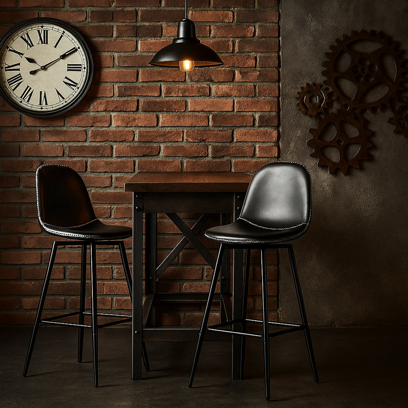 Set of 2 industrial style black PU swivel bar stools with white stitching 67Hcm CHARLTON COUNTER BLACK PU BLACK LEG 2PCS