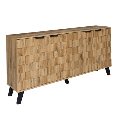 Buffet / Commode Moderne Effet Bois Naturel avec Motifs Géométriques, 4 Portes et Étagères Réglables (160.5x35.5x78cm) OCAERS
