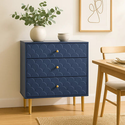 Commode à Tiroirs Bleu Marine avec Motif Écaille de Poisson, Pieds Champagne et Angles Arrondis (H89xL75xP40cm) KAUGZUN