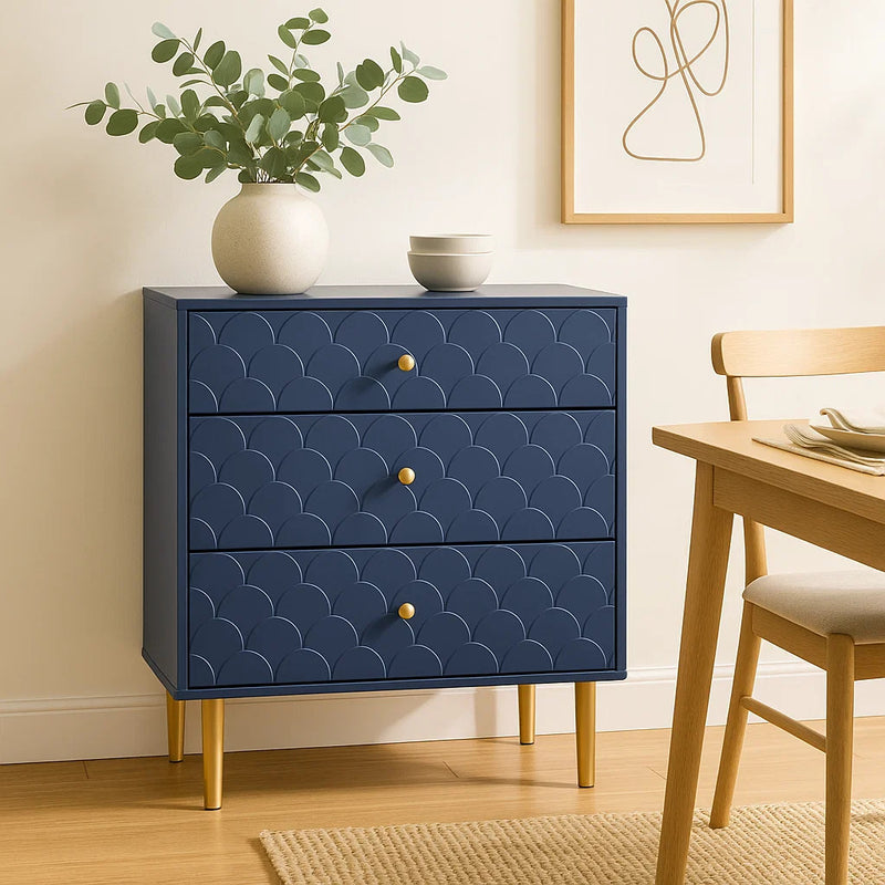 Commode à Tiroirs Bleu Marine avec Motif Écaille de Poisson, Pieds Champagne et Angles Arrondis (H89xL75xP40cm) KAUGZUN
