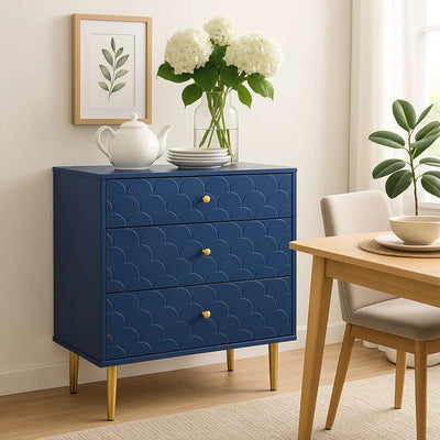 Commode à Tiroirs Bleu Marine avec Motif Écaille de Poisson, Pieds Champagne et Angles Arrondis (H89xL75xP40cm) KAUGZUN