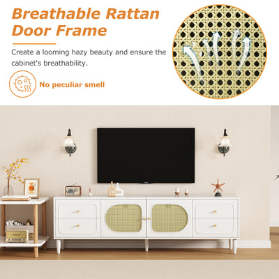 Meuble TV Élégant Blanc et Rotin avec 4 Tiroirs, Gestion des Câbles et Pieds Réglables (180x40x56.5cm - Pour TV jusqu'à 80 pouces) ROGRAX