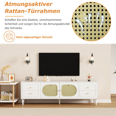 Meuble TV Élégant Blanc et Rotin avec 4 Tiroirs, Gestion des Câbles et Pieds Réglables (180x40x56.5cm - Pour TV jusqu'à 80 pouces) ROGRAX