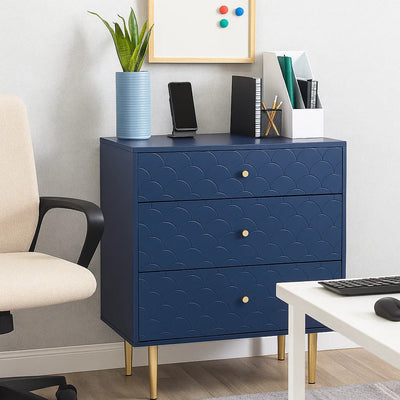 Commode à Tiroirs Bleu Marine avec Motif Écaille de Poisson, Pieds Champagne et Angles Arrondis (H89xL75xP40cm) KAUGZUN