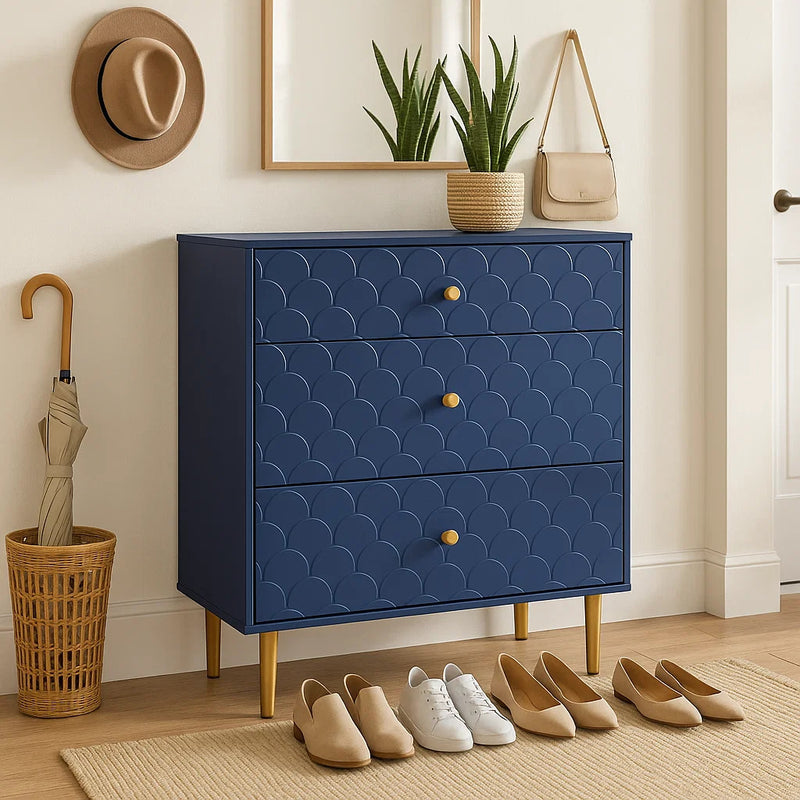 Commode à Tiroirs Bleu Marine avec Motif Écaille de Poisson, Pieds Champagne et Angles Arrondis (H89xL75xP40cm) KAUGZUN