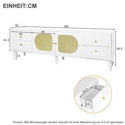 Meuble TV Élégant Blanc et Rotin avec 4 Tiroirs, Gestion des Câbles et Pieds Réglables (180x40x56.5cm - Pour TV jusqu'à 80 pouces) ROGRAX