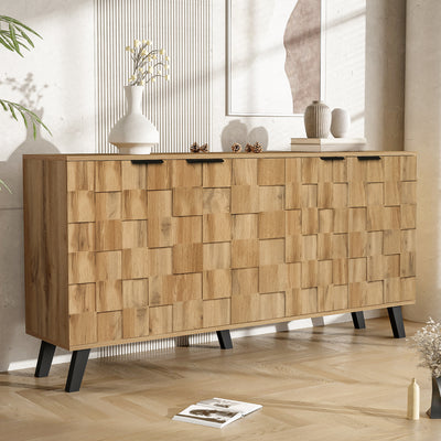 Buffet / Commode Moderne Effet Bois Naturel avec Motifs Géométriques, 4 Portes et Étagères Réglables (160.5x35.5x78cm) OCAERS