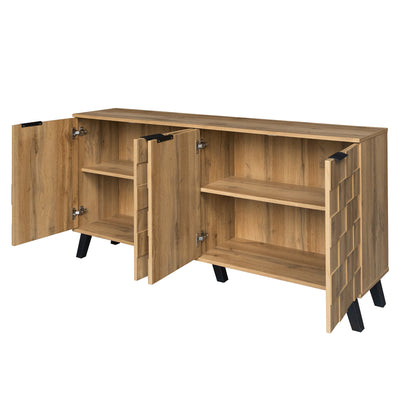 Buffet / Commode Moderne Effet Bois Naturel avec Motifs Géométriques, 4 Portes et Étagères Réglables (160.5x35.5x78cm) OCAERS