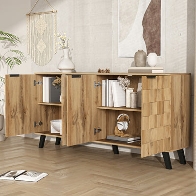 Buffet / Commode Moderne Effet Bois Naturel avec Motifs Géométriques, 4 Portes et Étagères Réglables (160.5x35.5x78cm) OCAERS