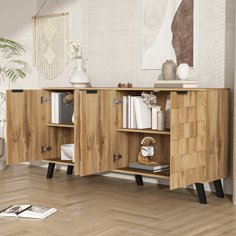 Buffet / Commode Moderne Effet Bois Naturel avec Motifs Géométriques, 4 Portes et Étagères Réglables (160.5x35.5x78cm) OCAERS