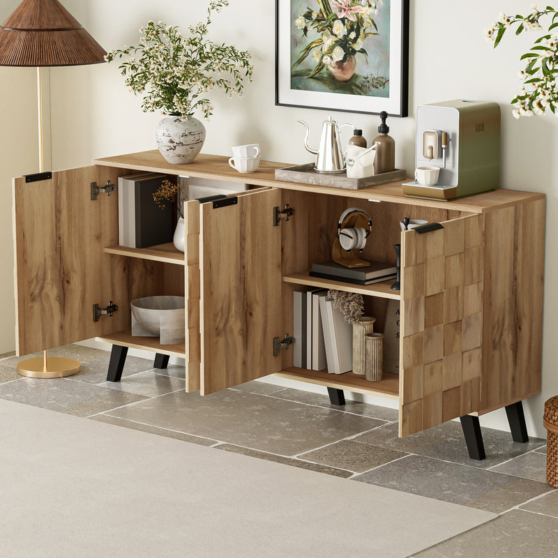 Buffet / Commode Moderne Effet Bois Naturel avec Motifs Géométriques, 4 Portes et Étagères Réglables (160.5x35.5x78cm) OCAERS