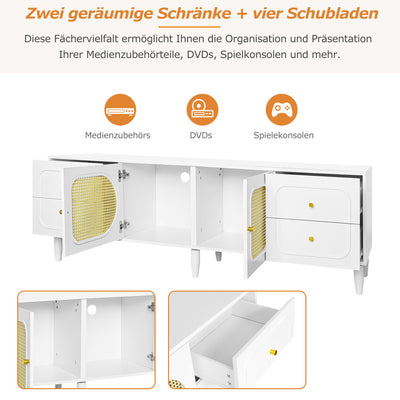 Meuble TV Élégant Blanc et Rotin avec 4 Tiroirs, Gestion des Câbles et Pieds Réglables (180x40x56.5cm - Pour TV jusqu'à 80 pouces) ROGRAX